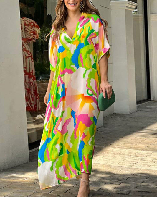 Modefest- Auffälliges Kleid mit Farbblockdruck und V-Ausschnitt Grün