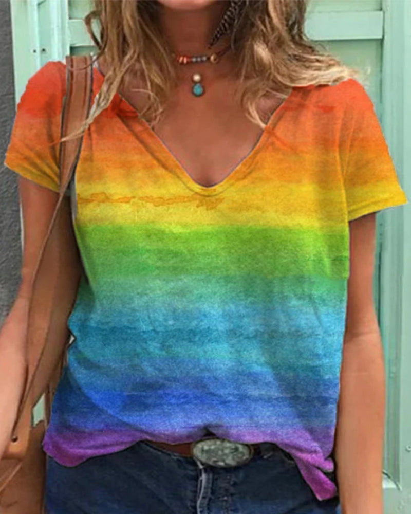 Modefest- Lässiges T-Shirt mit V-Ausschnitt und Regenbogen-Print Orange