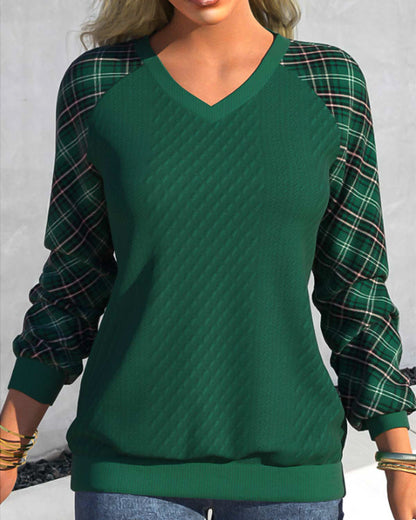 Modefest- Kariertes Sweatshirt mit V-Ausschnitt und langen Ärmeln Grün