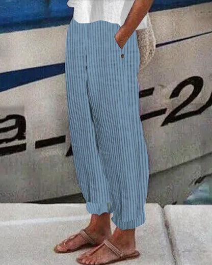 Modefest- Hose mit Streifendruck aus Baumwolle und Leinen Blau