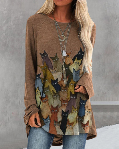 Modefest- Langarm-top mit rundhalsausschnitt und katzen-print Khaki