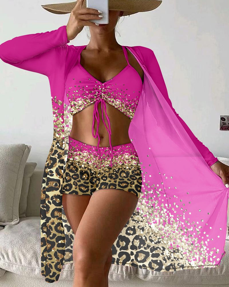 Modefest- Dreiteiliger Badeanzug mit Leoparden-Ombre-Print Fuchsie
