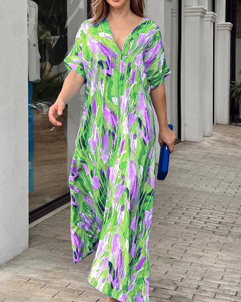 Modefest- Auffälliges Kleid mit Farbblockdruck und V-Ausschnitt Dunkel grün