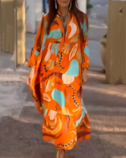 Modefest- Lässiges Kleid mit Print und langen Ärmeln Orange