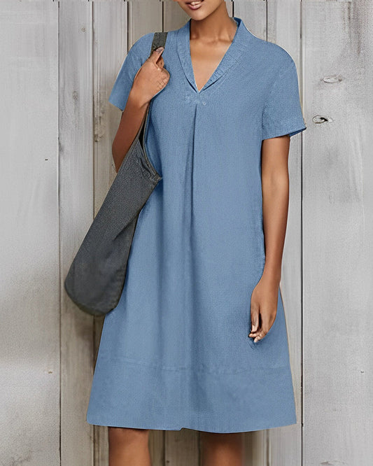 Modefest- Lockeres einfarbiges Kleid aus Baumwolle und Leinen Blau
