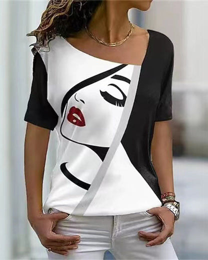 Modefest- Kurzärmliges T-Shirt mit V-Ausschnitt und Gesichtsaufdruck Schwarz