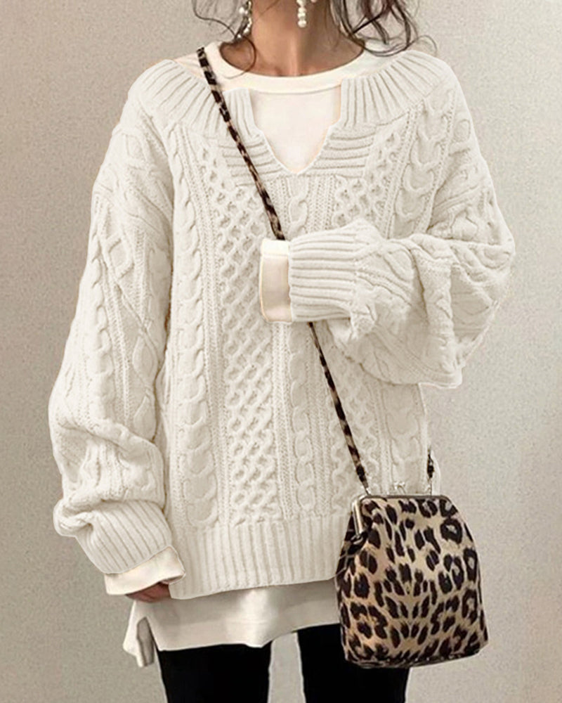 Modefest- Einfarbiger Pullover mit Zopfmuster Weiß