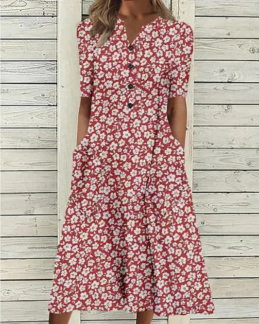 Modefest- Kleid in A-Linie mit Blumendruck Rot