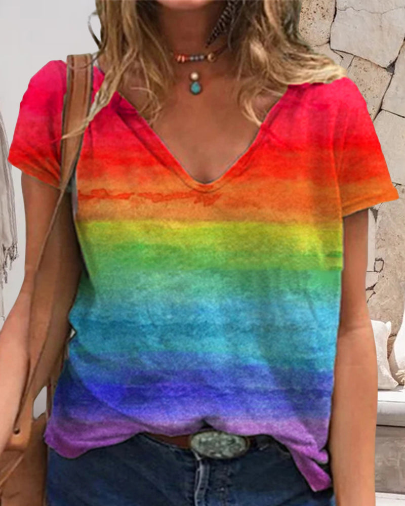 Modefest- Lässiges T-Shirt mit V-Ausschnitt und Regenbogen-Print