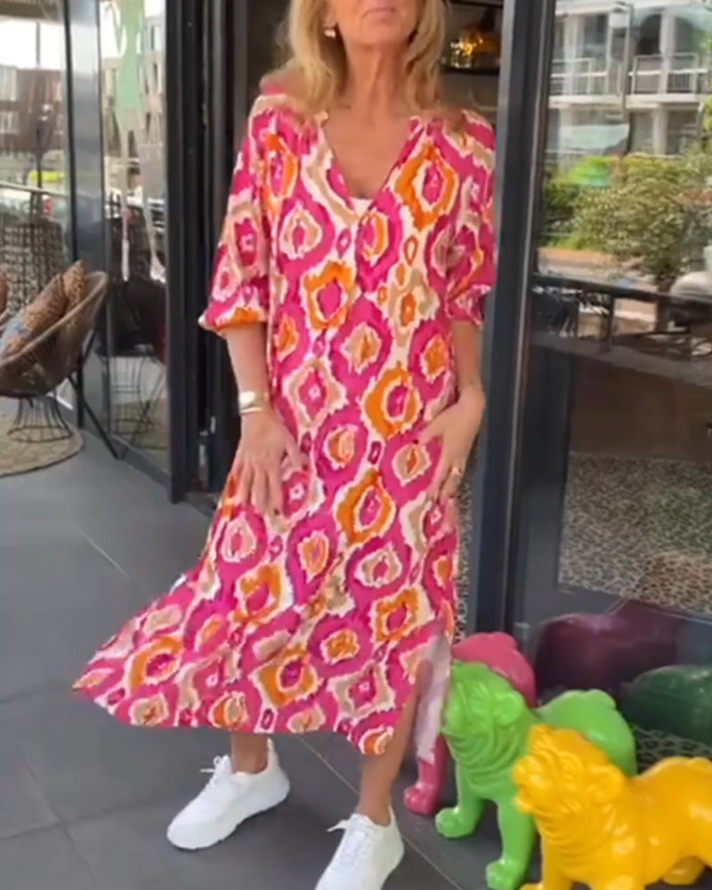 Modefest- Kleid mit modischem Print und halben Ärmeln Rot