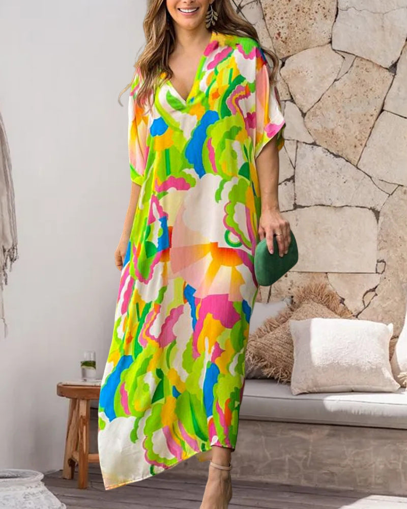 Modefest- Auffälliges Kleid mit Farbblockdruck und V-Ausschnitt