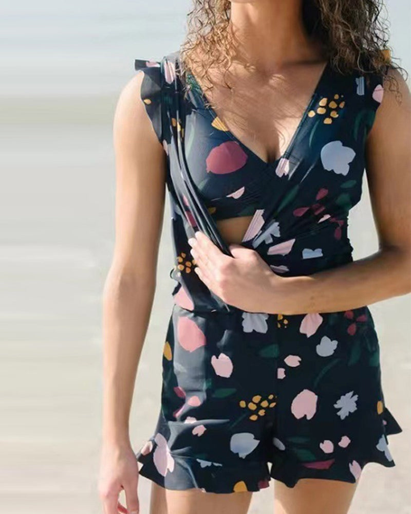 Bathing romper with integrated bra