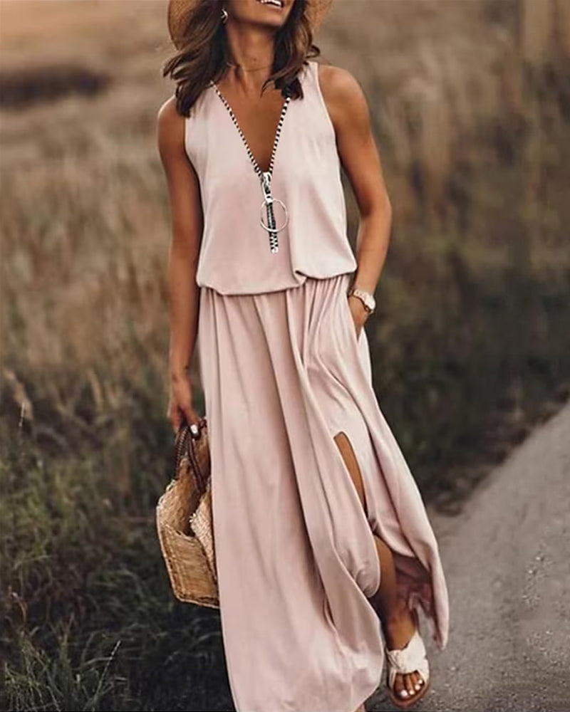 Modefest- Einfarbiges Kleid mit Reißverschluss und Schlitz Rosa
