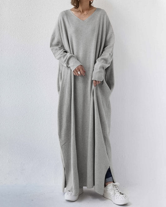 Modefest- Swing-kleid mit v-ausschnitt und langen ärmeln Grau