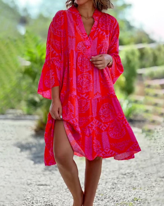 Modefest- Kleid mit 3/4-Ärmeln und geometrischem Boho-Print Rot