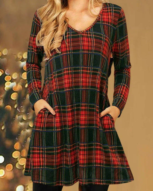 Modefest- Lockeres Kleid mit weihnachtlichem Karomuster Rot