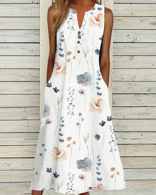 Modefest- Ärmelloses Kleid mit V-Ausschnitt und Blumendruck Weiß