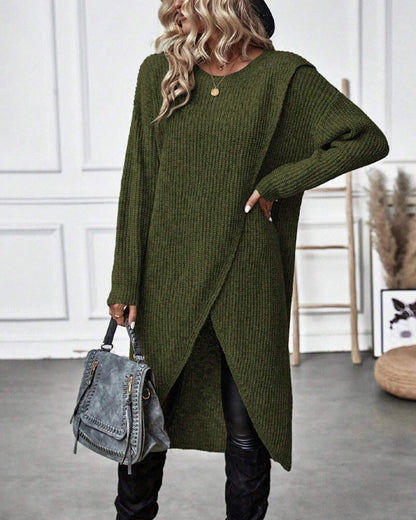 Modefest- Einfarbiges Pulloverkleid mit unregelmäßigem Saum