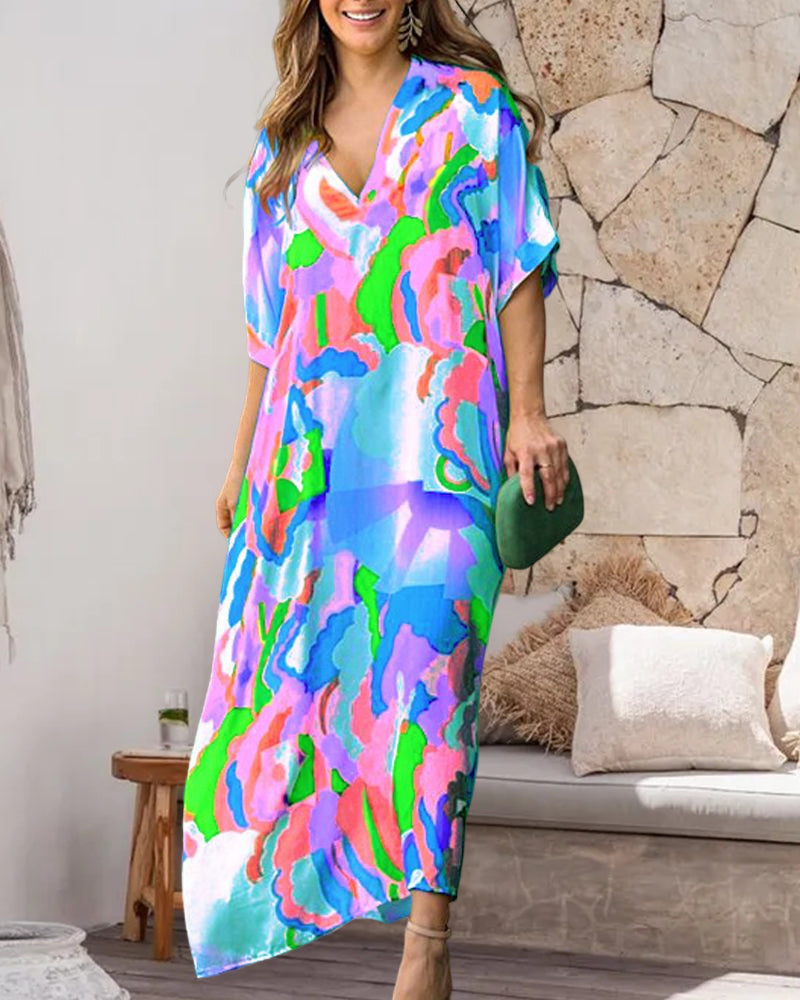 Modefest- Auffälliges Kleid mit Farbblockdruck und V-Ausschnitt