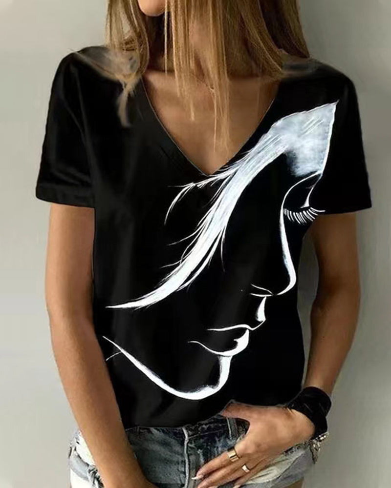 Modefest- T-Shirt mit V-Ausschnitt und Figurendruck Weiß