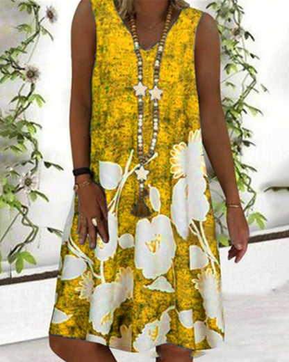 Modefest- Ärmelloses Kleid mit V-Ausschnitt-Print Gelb