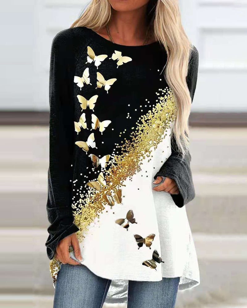 Modefest- Langarm-top mit schmetterlings-print Golden