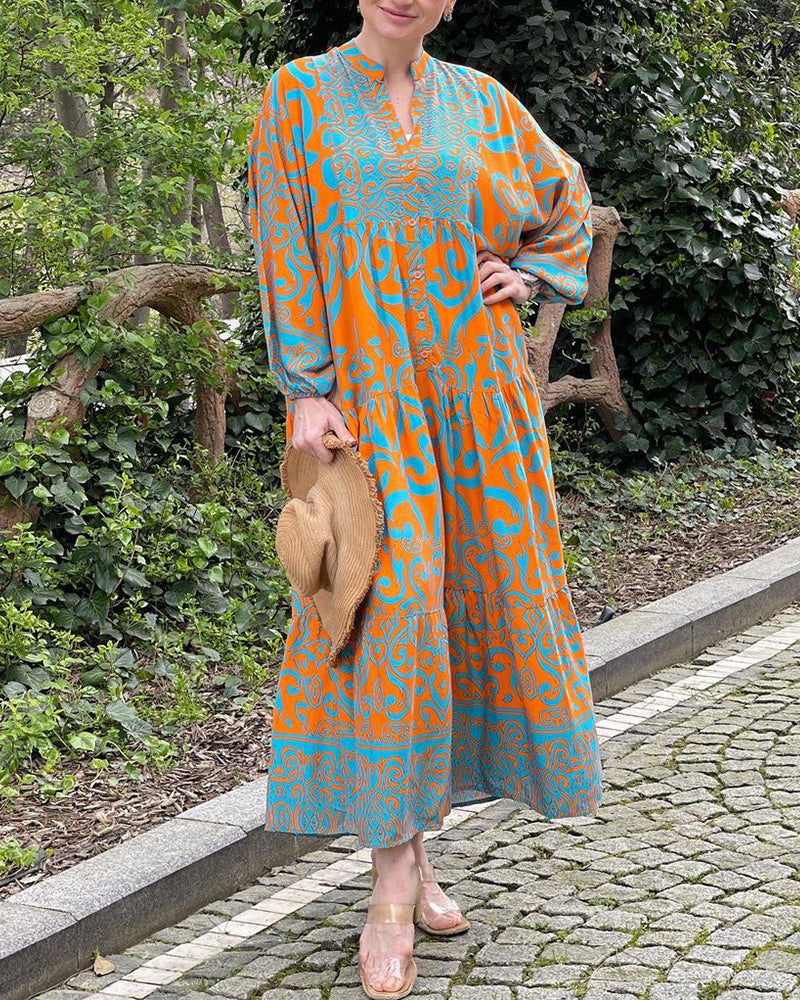 Modefest- Lässiges langes Kleid mit Premium-Print Orange