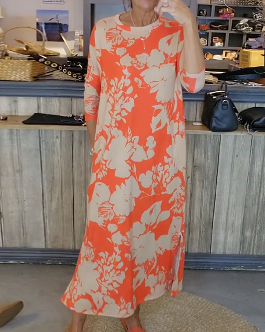 Modefest- Kleid mit Seitenschlitz und Blumendruck Orange