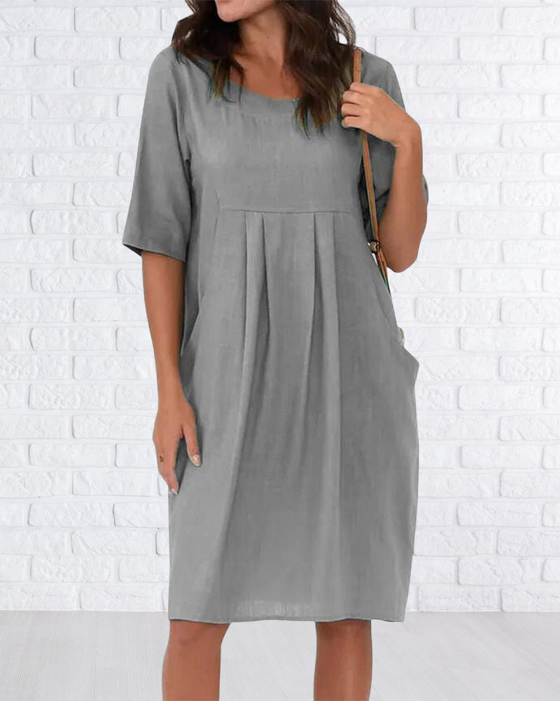 Modefest- Einfarbiges Kleid mit Rundhalsausschnitt und Taschen Grau