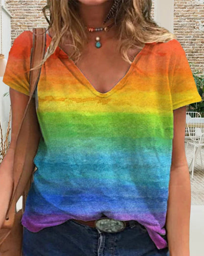 Modefest- Lässiges T-Shirt mit V-Ausschnitt und Regenbogen-Print