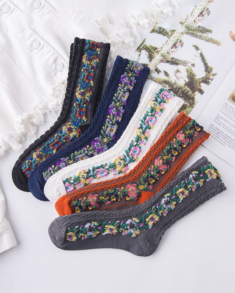 Modefest- Socken mit Vintage-Blumenstickerei (5 Paar) pięć par (1 para w każdym z 5 kolorów)