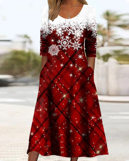 Modefest- Kleid mit Schneeflocken- und Streifendruck und langen Ärmeln Rot