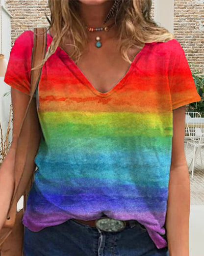 Modefest- Lässiges T-Shirt mit V-Ausschnitt und Regenbogen-Print