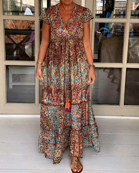 Modefest- Bedrucktes Sommerkleid mit V-Ausschnitt Mehrfarbig