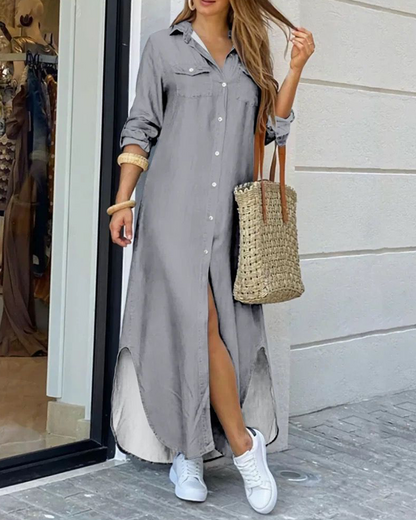 Modefest- Einfarbiges, langärmliges, langes hemdkleid Grau
