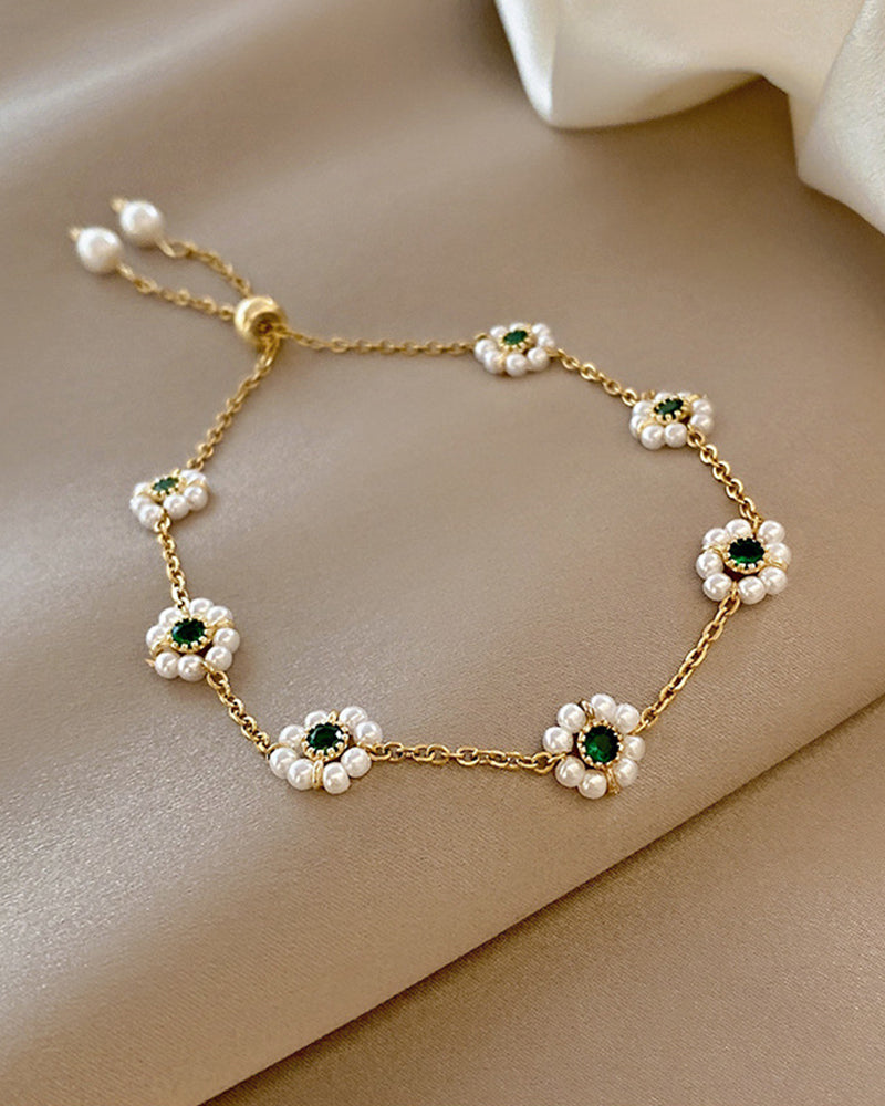 Modefest- Perlenarmband aus Metallkette Perlen-Blumen-Armband