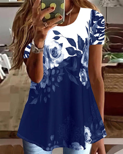Modefest- Rundhals-T-Shirt mit Blumendruck und kurzen Ärmeln Blau