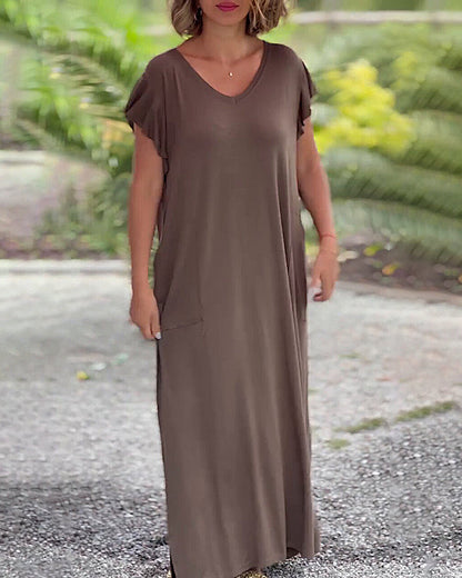 Modefest- Langes einfarbiges Kleid mit Tasche und kurzen Ärmeln