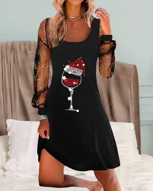 Modefest- Weihnachtliches Kleid mit Weinglas-Print Schwarz