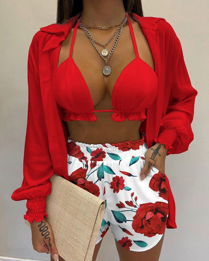Modefest- Hemd-Bikini mit Ballonärmeln, dreiteiliges Set Rot
