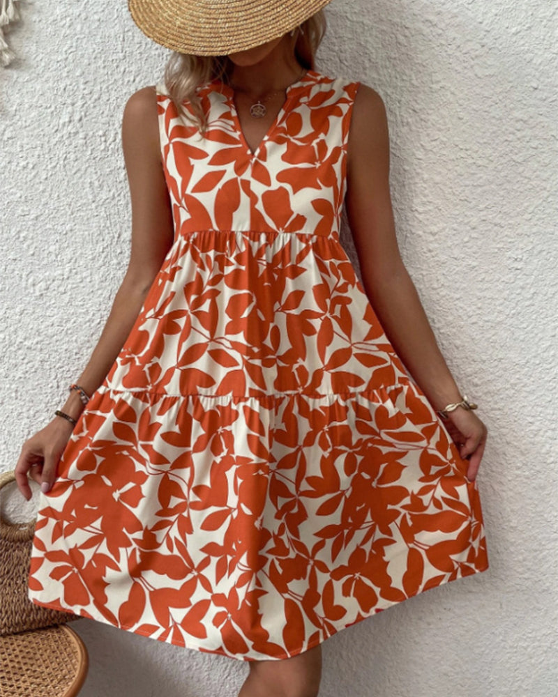 Modefest- Ärmelloses Kleid mit Blättern Orange
