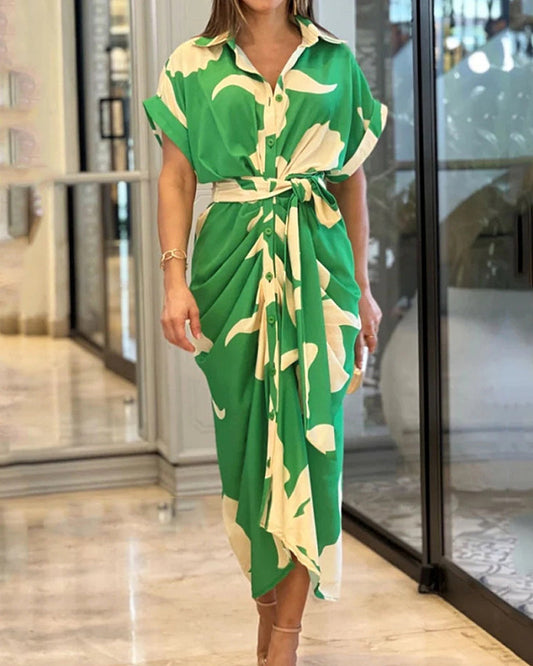 Modefest- Bedrucktes Hemdkleid zum Binden Grün