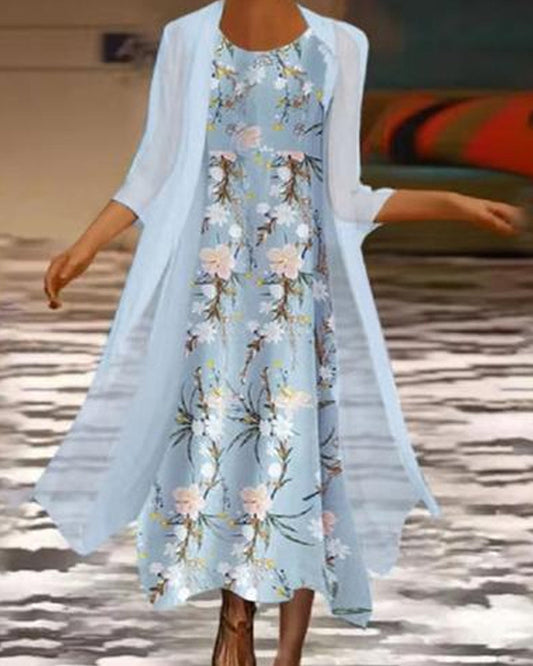 Modefest- Lockeres Kleid mit 3/4 Ärmeln und Blumendruck Himmelblau