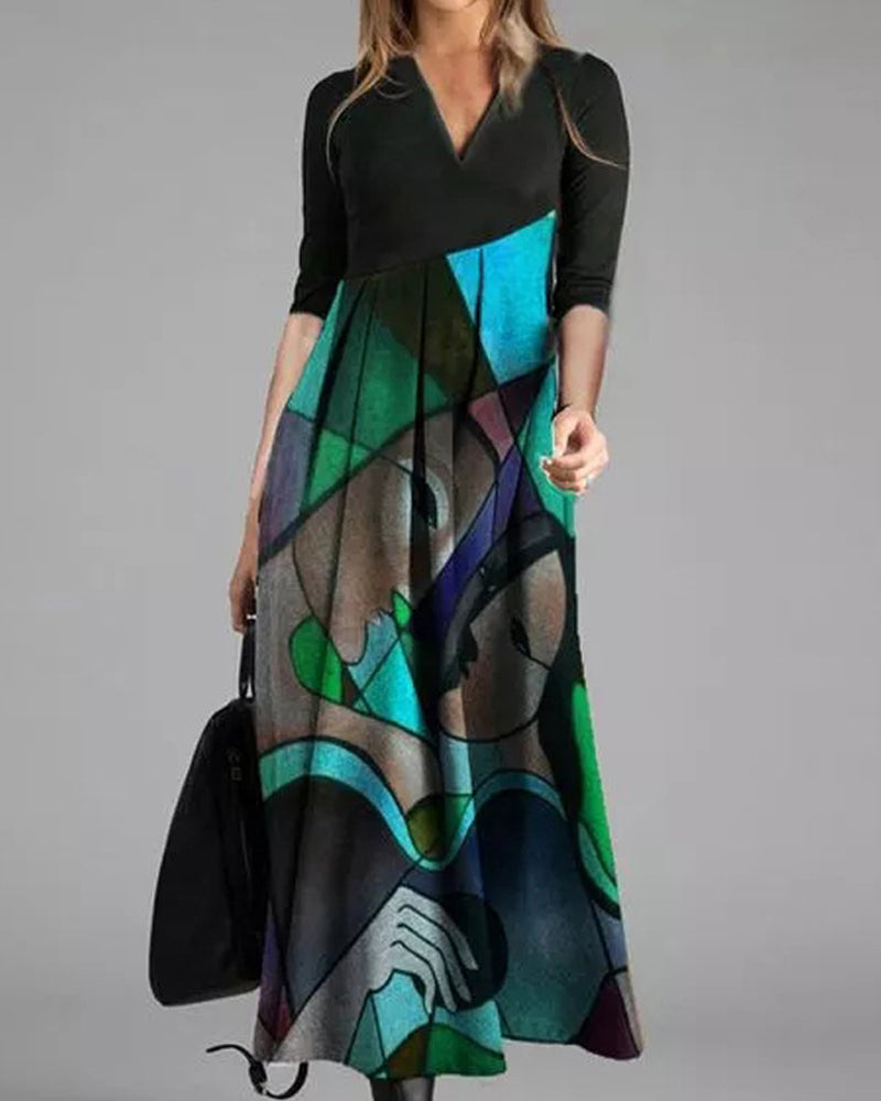 Modefest- Langärmliges plissiertes A-Linien-Kleid mit Farbblockmuster Grün