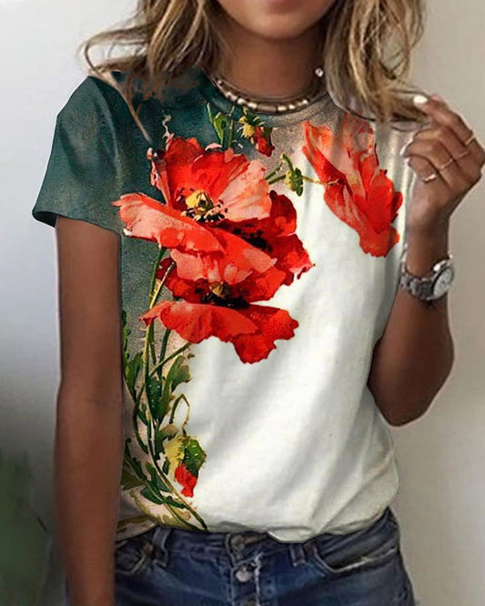 Modefest- T-Shirt mit Blumendruck und Rundhalsausschnitt mit kurzen Ärmeln Grün