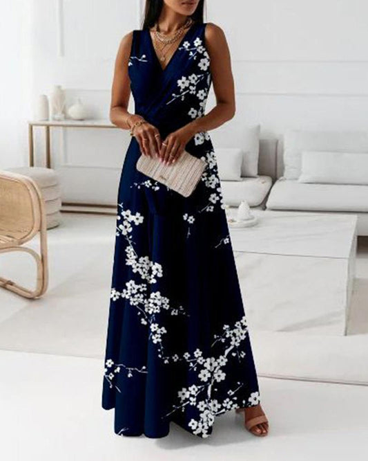 Modefest- Tankkleid mit Blumendruck und V-Ausschnitt Marineblau