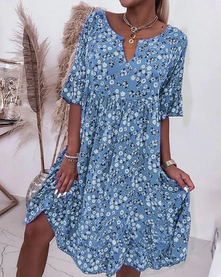 Modefest- Kleid mit halben Ärmeln und Blumendruck Blau