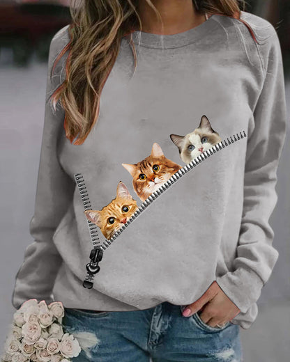 Modefest- Pullover mit Cat-Print Grau