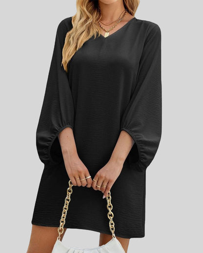 Modefest- Solides kleid mit puffärmeln und v-ausschnitt Schwarz