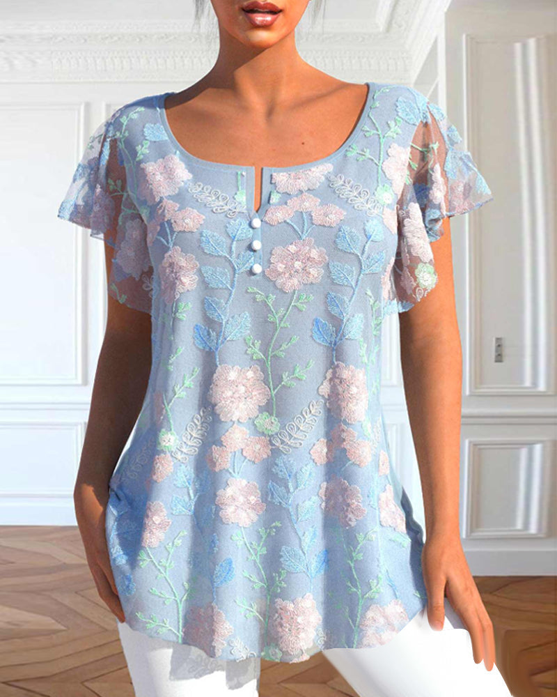 Modefest- Spitzen-T-Shirt mit Blumendruck Blau